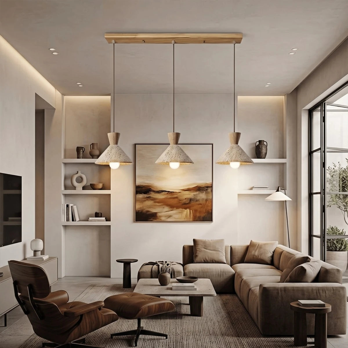 Antizer Modern Travertine & Walnut Wood Conical Pendant Light