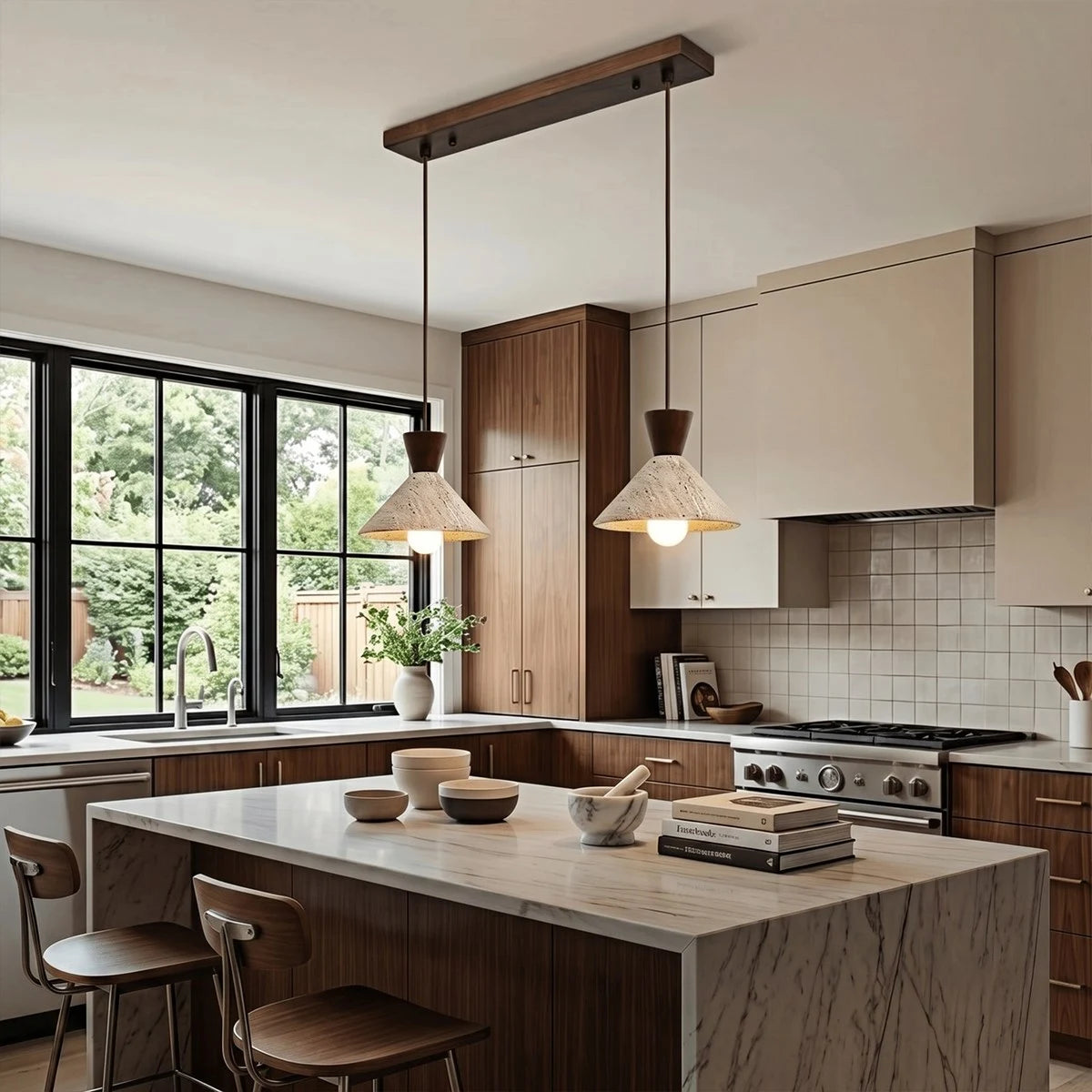 Antizer Modern Travertine & Walnut Wood Conical Pendant Light