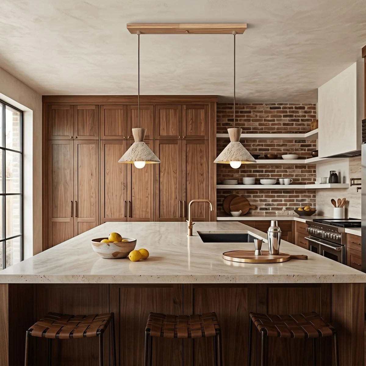 Antizer Modern Travertine & Walnut Wood Conical Pendant Light