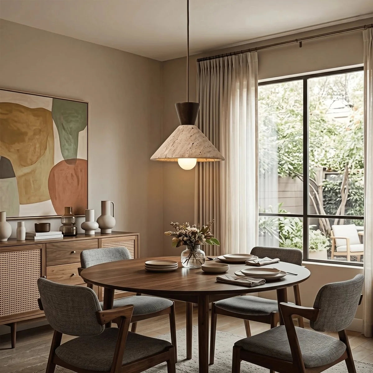 Antizer Modern Travertine & Walnut Wood Conical Pendant Light