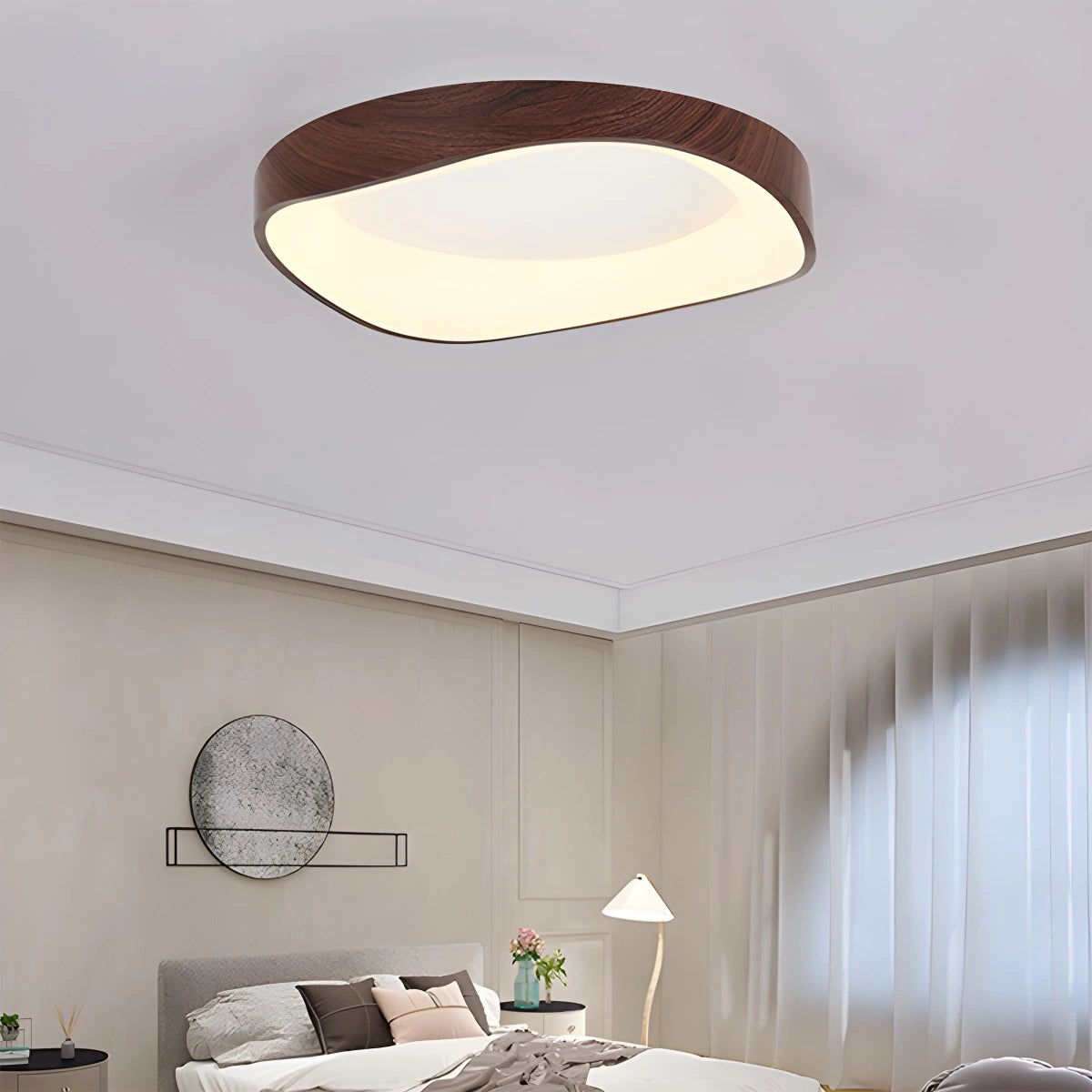 Antizer Nordic Acrylic Circle Ceiling Light for Bedroom Walnut Wood