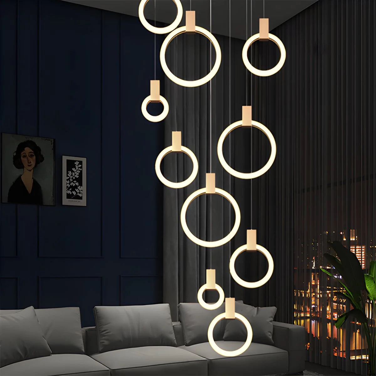 Antizer Modern Large Staircase Hanging Chandelier Gold 10 Rings