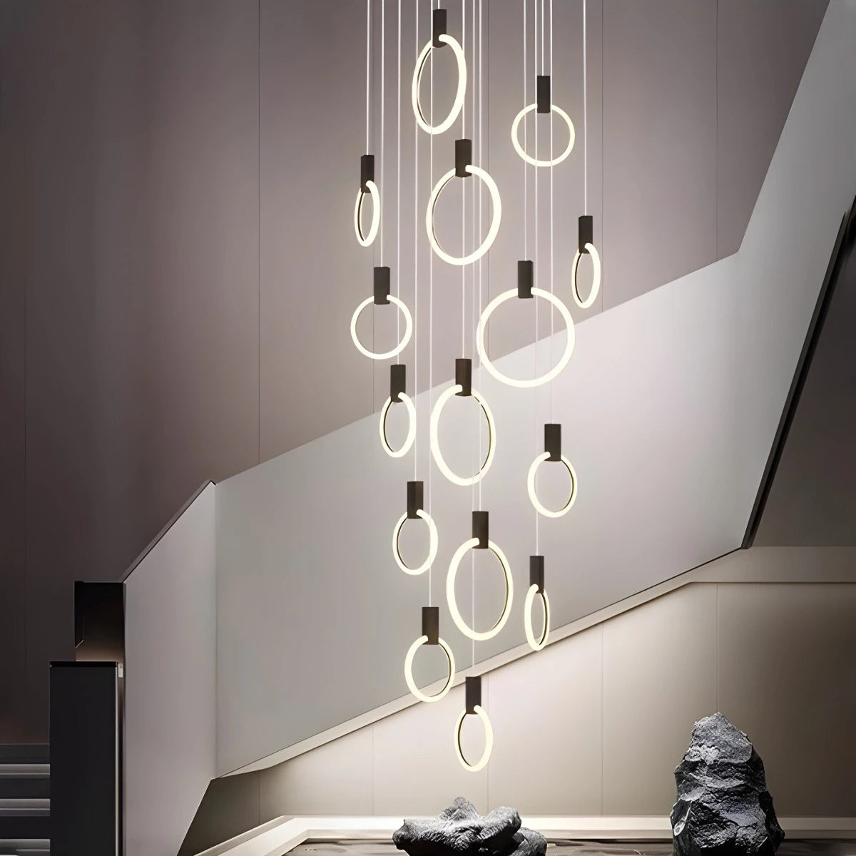 Antizer Modern Large Staircase Hanging Chandelier Black 15 Rings