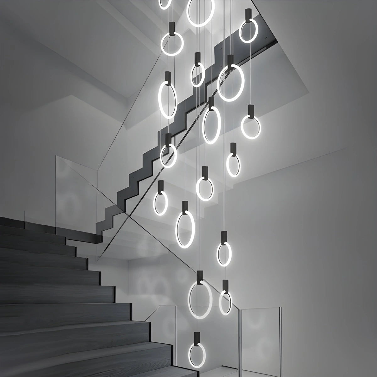 Antizer Modern Large Staircase Hanging Chandelier Black 20 Rings