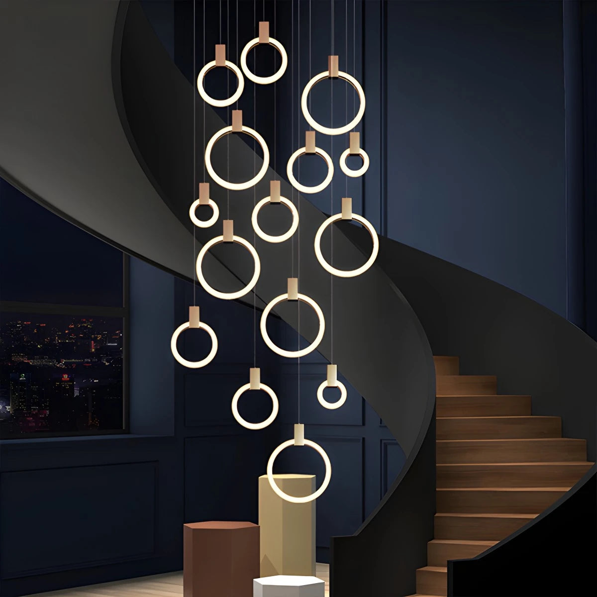 Antizer Modern Large Staircase Hanging Chandelier Gold 15 Rings