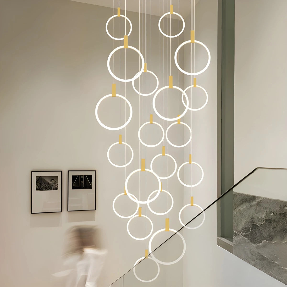 Antizer Modern Large Staircase Hanging Chandelier Gold 20 Rings