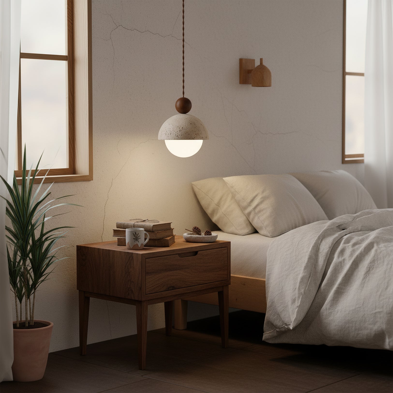 Palermo Travertine Glass Wood Pendant Light - Modern Elegant Ceiling Fixture