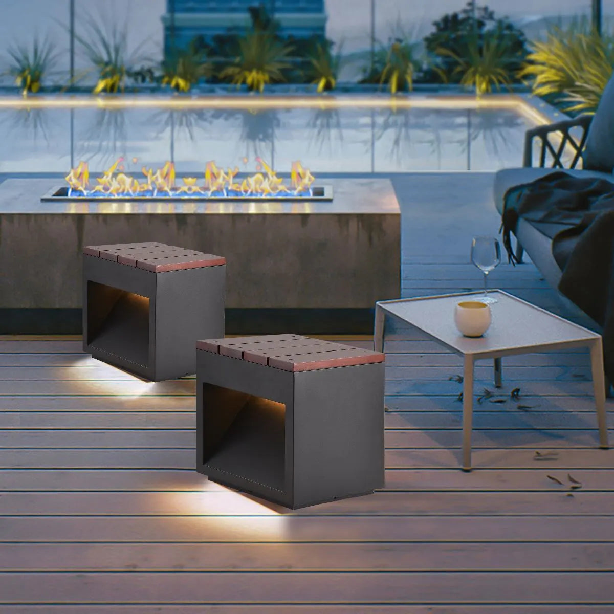 Antizer Solar Wooden Square Stool Outdoor Light
