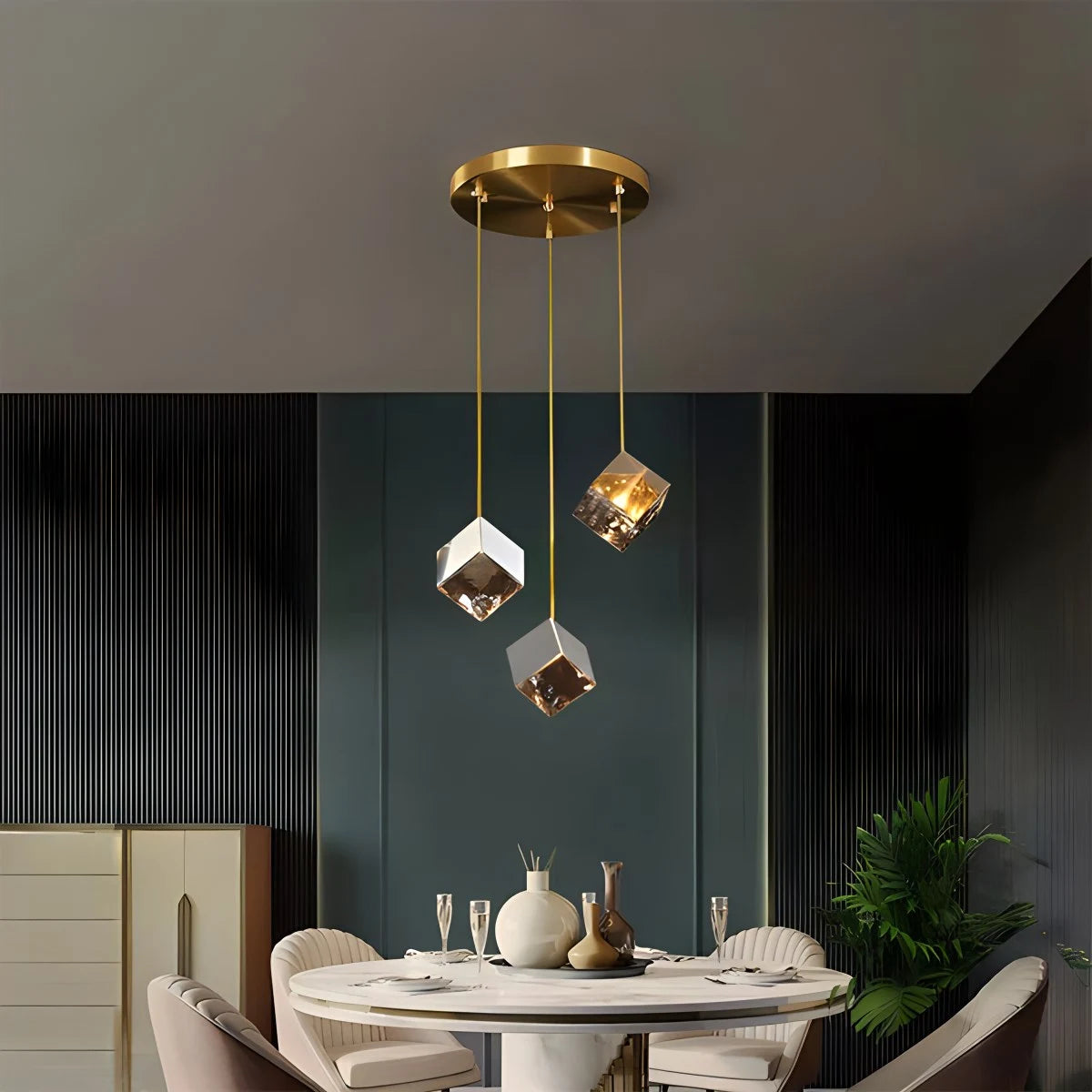 Antizer Ice Cube Textured Glass Chandelier Golden+Silver 3 Lights
