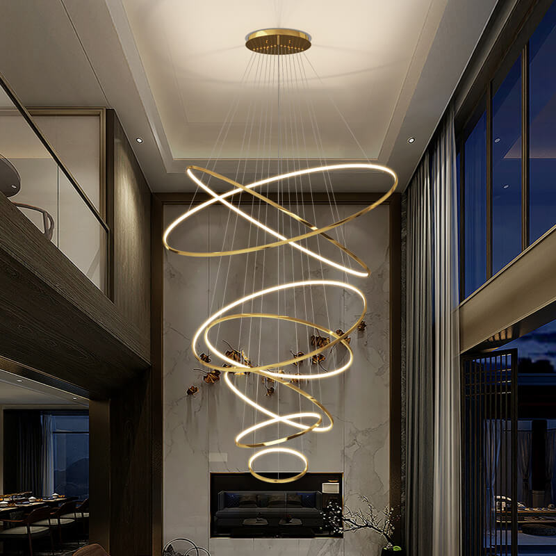 Antizer Large Tiered Ring Foyer Chandelier Golden 7 Rings Dimmable With Remote