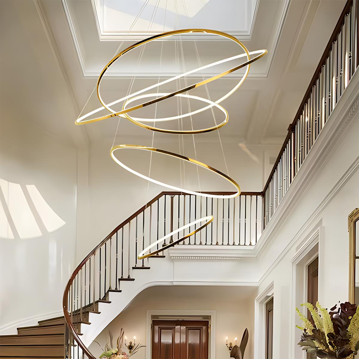Antizer Large Tiered Ring Foyer Chandelier Golden 5 Rings Warm White