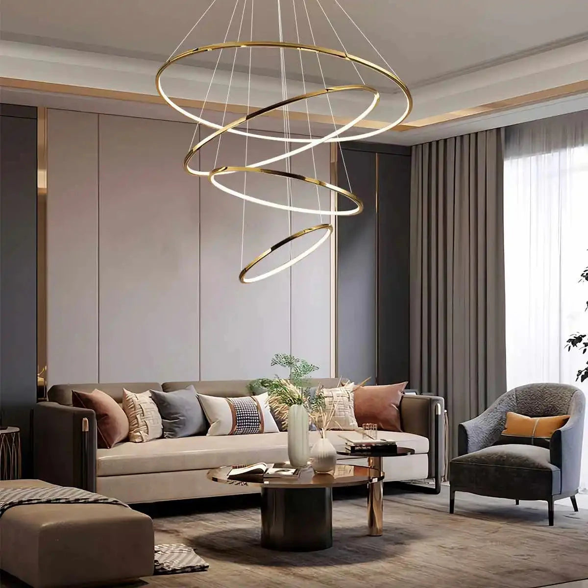 Antizer Large Tiered Ring Foyer Chandelier Golden 4 Rings Dimmable With Remote