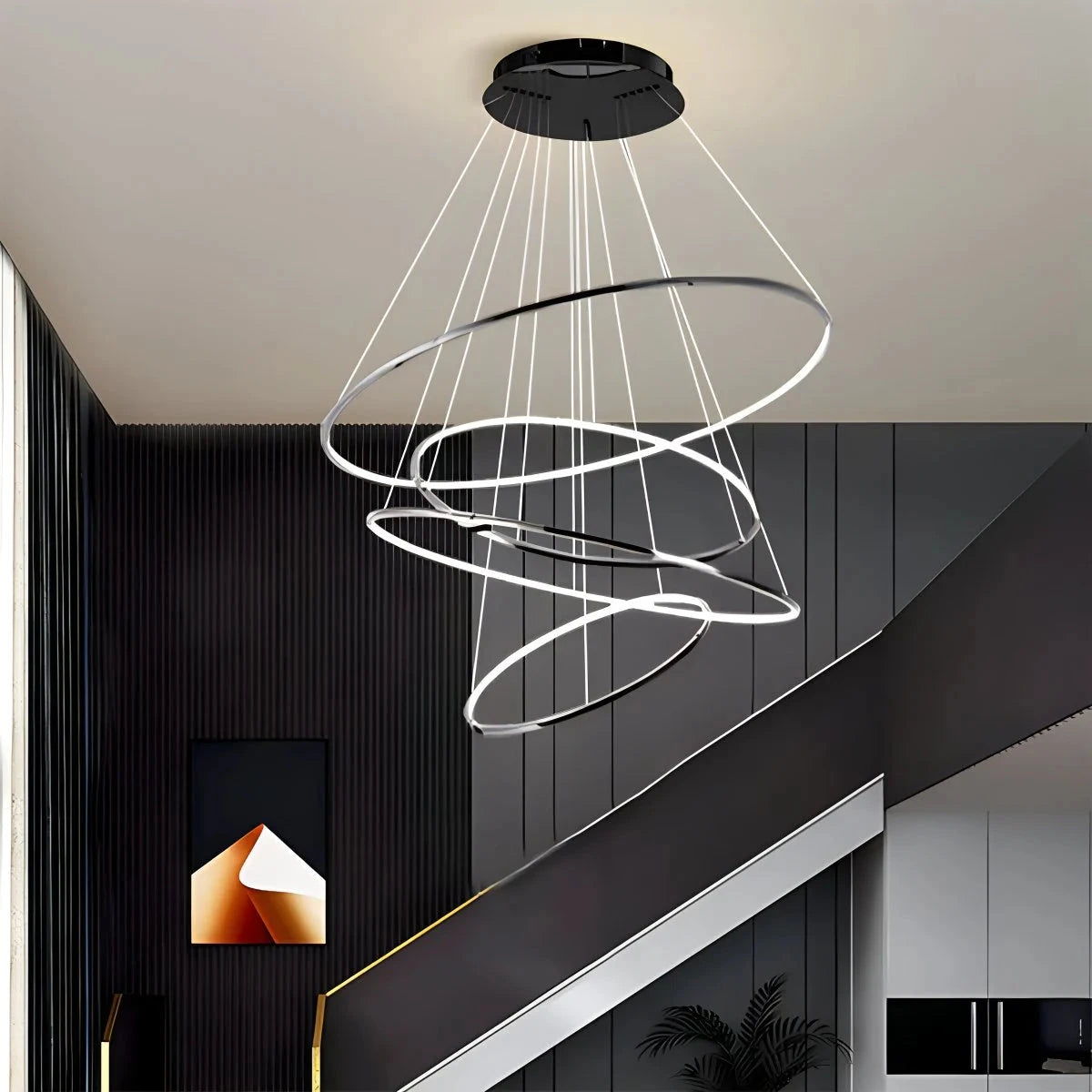 Antizer Large Tiered Ring Foyer Chandelier Black 4 Rings Dimmable With Remote