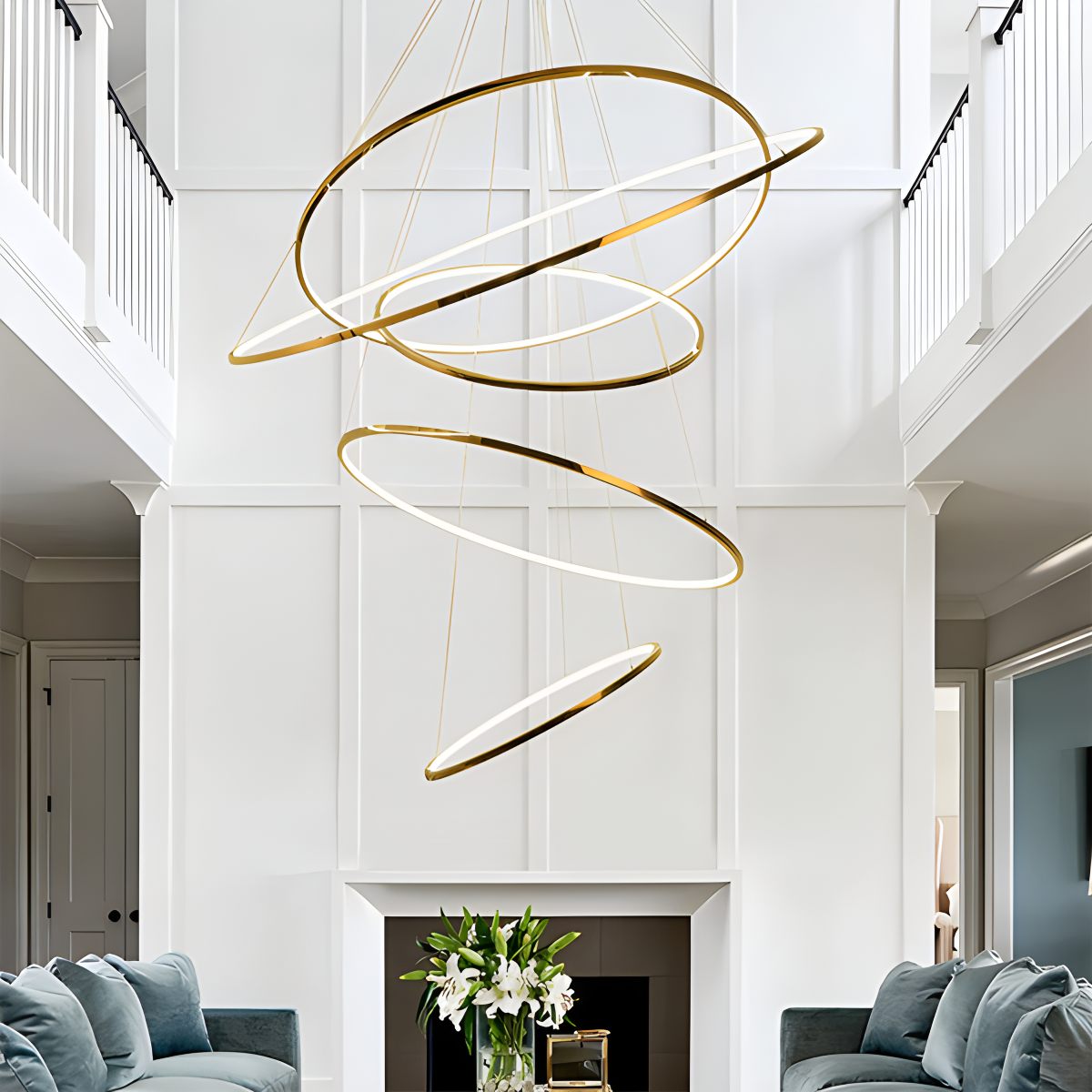 Antizer Large Tiered Ring Foyer Chandelier Golden 5 Rings Dimmable With Remote