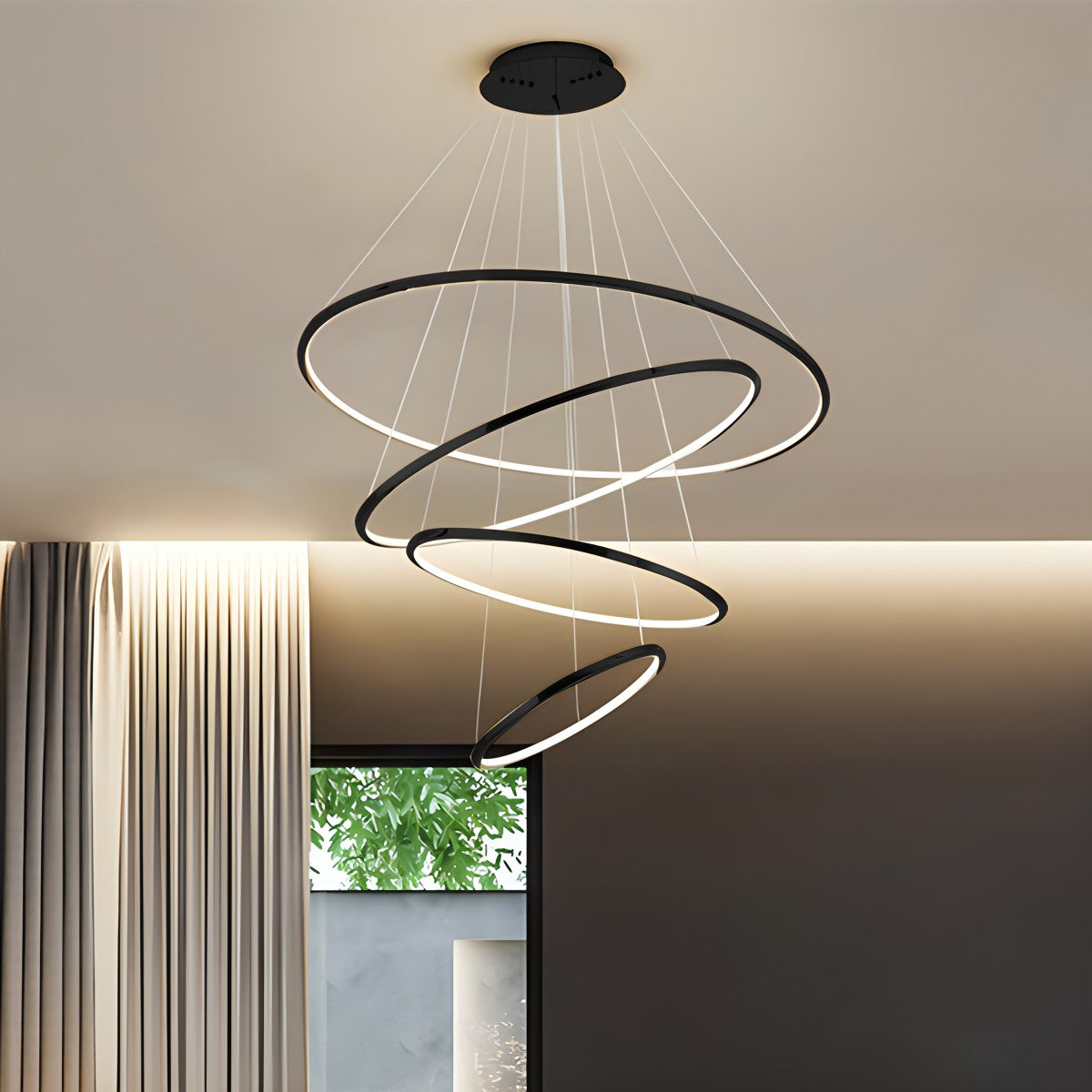 Antizer Large Tiered Ring Foyer Chandelier Black 4 Rings Warm White