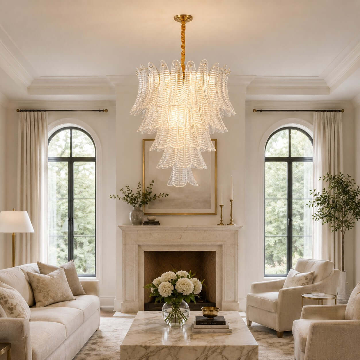 Antizer Murano Layered Clear Glass Leaf Chandelier