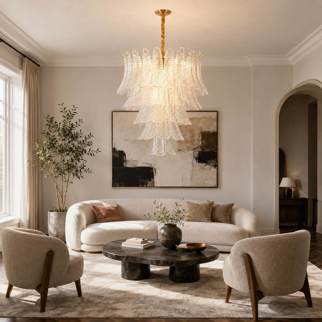 Antizer Murano Layered Clear Glass Leaf Chandelier