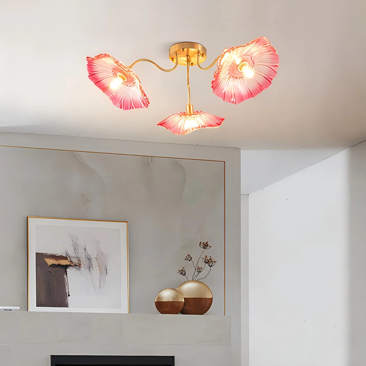 Antizer Lotus Leaf Glass Ceiling Lamp for Living Room Pink 3 Heads