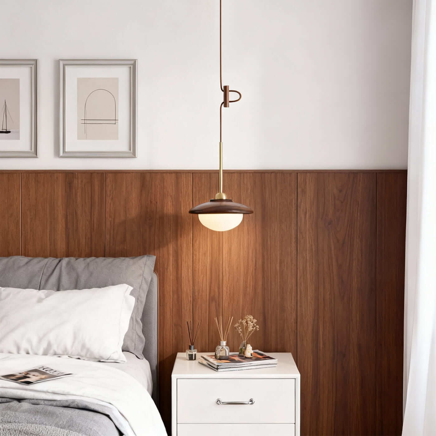 Antizer Mid-Century Walnut Wood UFO Pendant Light