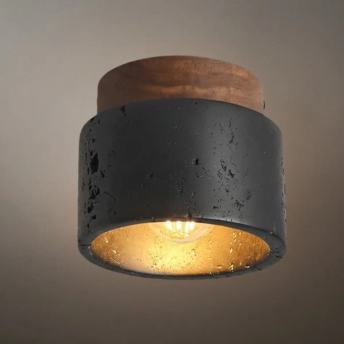 Minimalist Flush Mount Ceiling Light — Stone & Wood Yellow Log Color