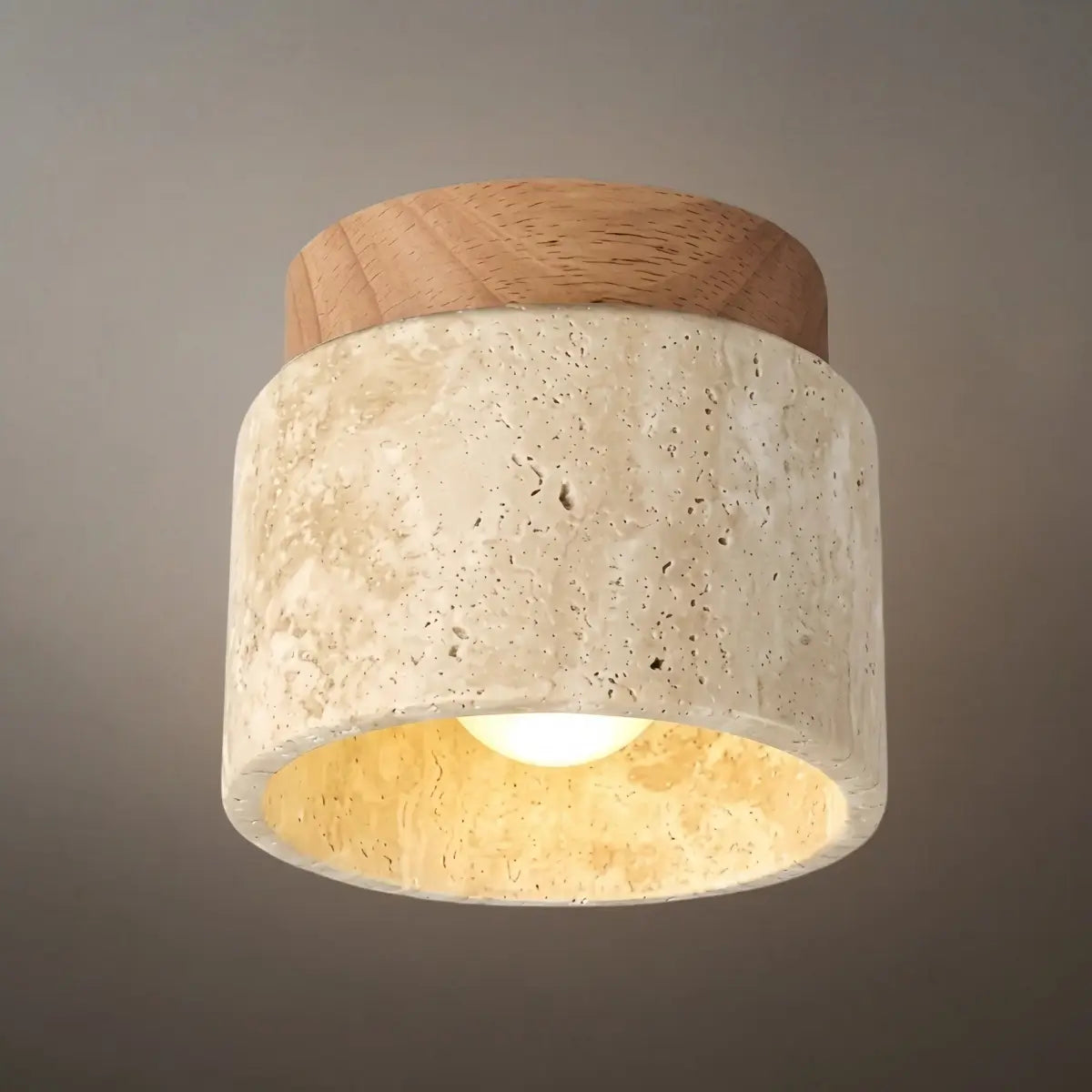 Minimalist Flush Mount Ceiling Light — Stone & Wood Yellow Log Color