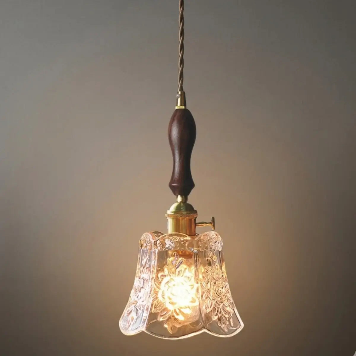 Classic Brass Glass Pendant Light -- Walnut Wood Accent