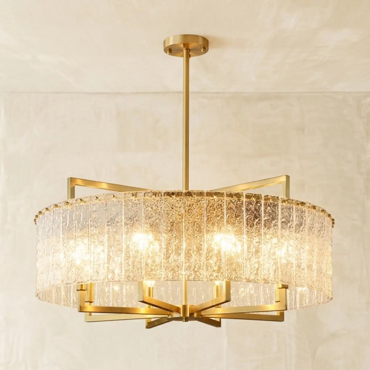 Excelis Modern Textured Glass Round Chandelier – Gold Brass for Dining Room / Kitchen
