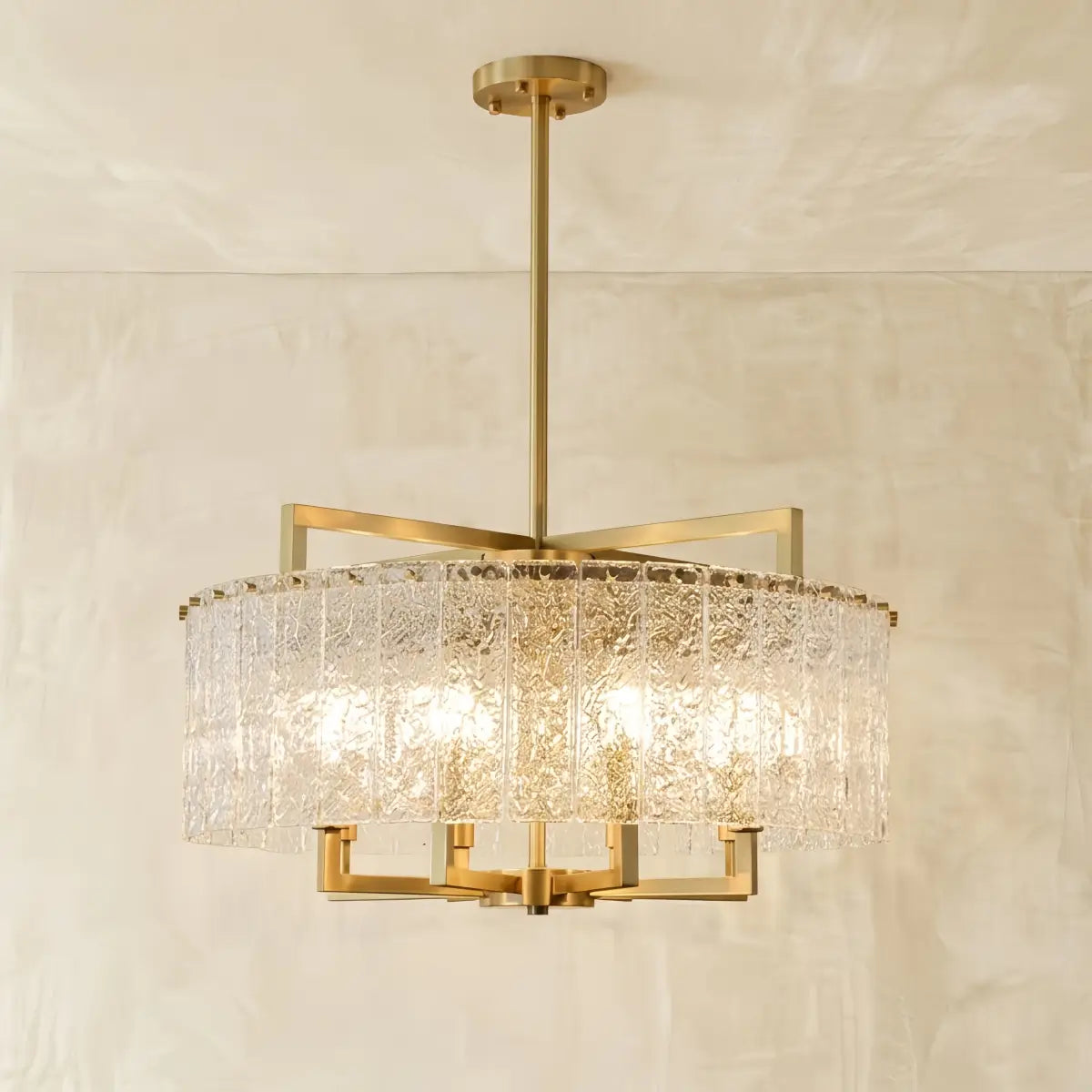 Excelis Modern Textured Glass Round Chandelier – Gold Brass for Dining Room / Kitchen