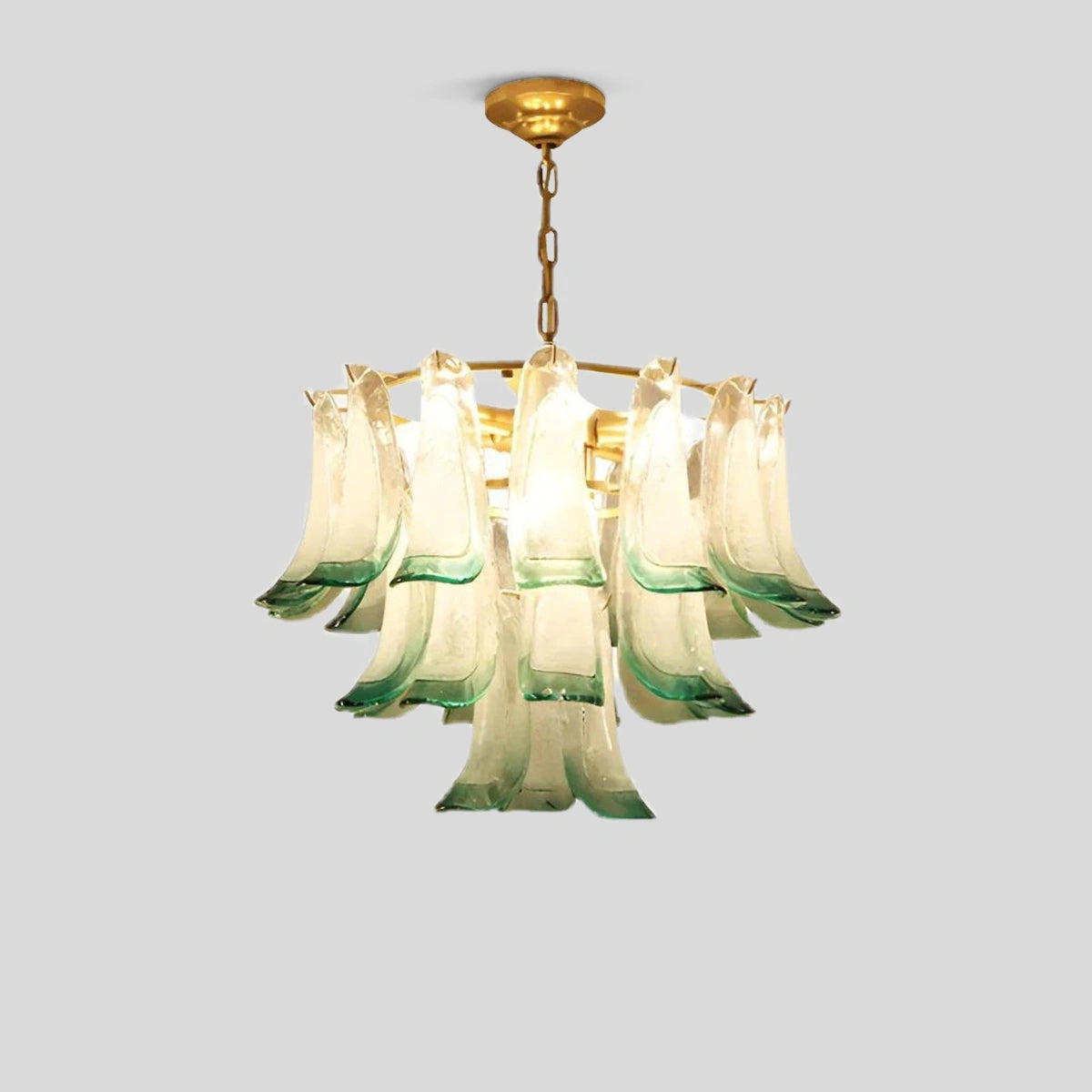 Antizer Gold Tiered Green Glass Chandelier for High Ceiling Peacock Green-Small Warm Light
