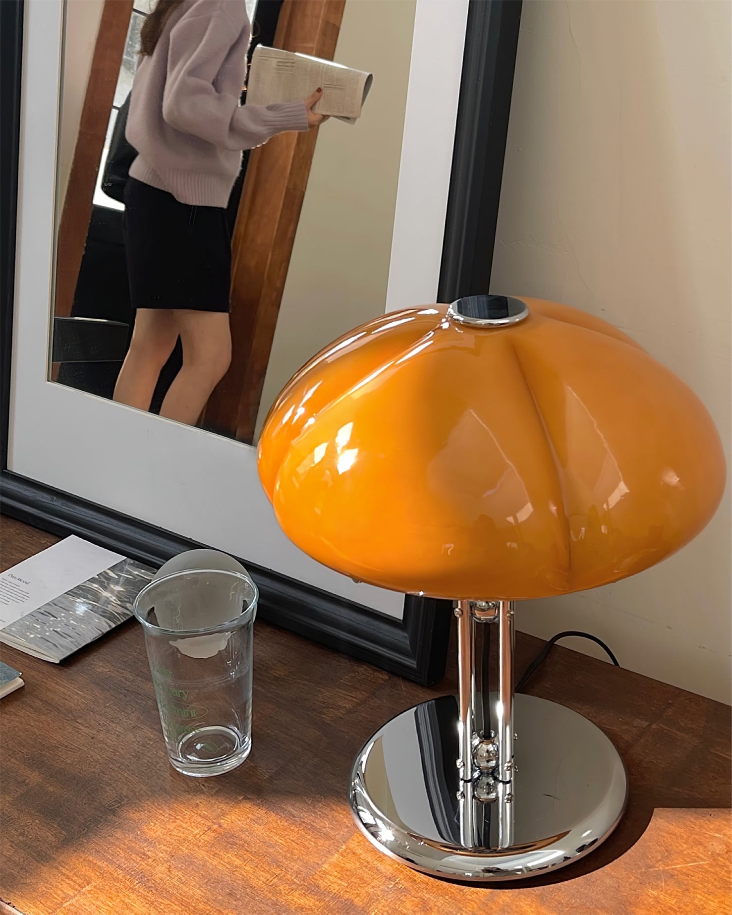 Quadrifoglio Designer Orange Glass Table Lamp with Chrome Base, Mid-Century Modern Accent Light