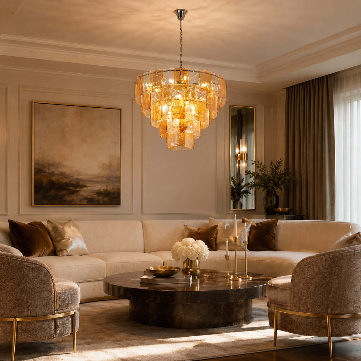 Antizer Layered Amber Glass Sculptural Chandelier