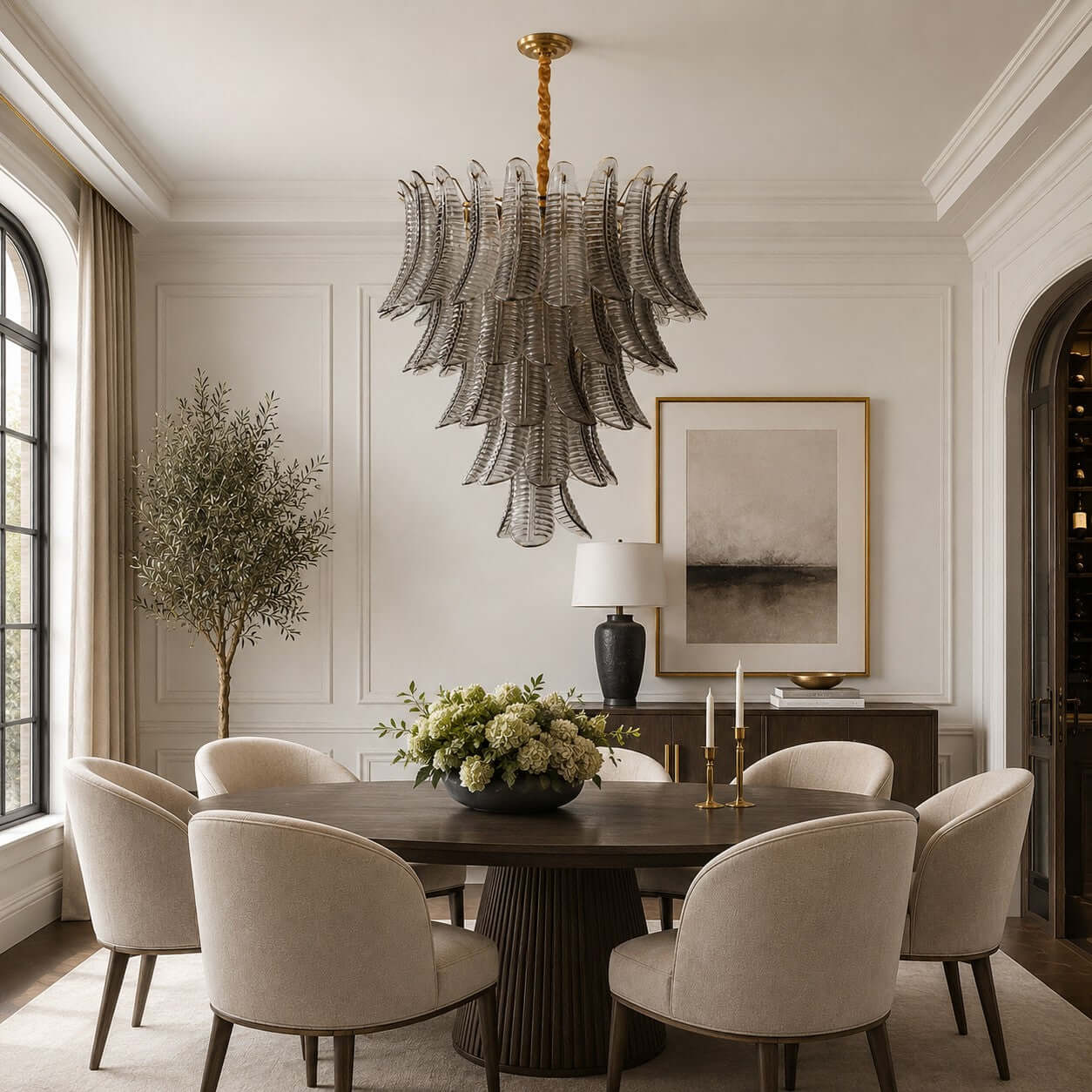 Antizer Murano Layered Smoke Gray Glass Leaf Chandelier