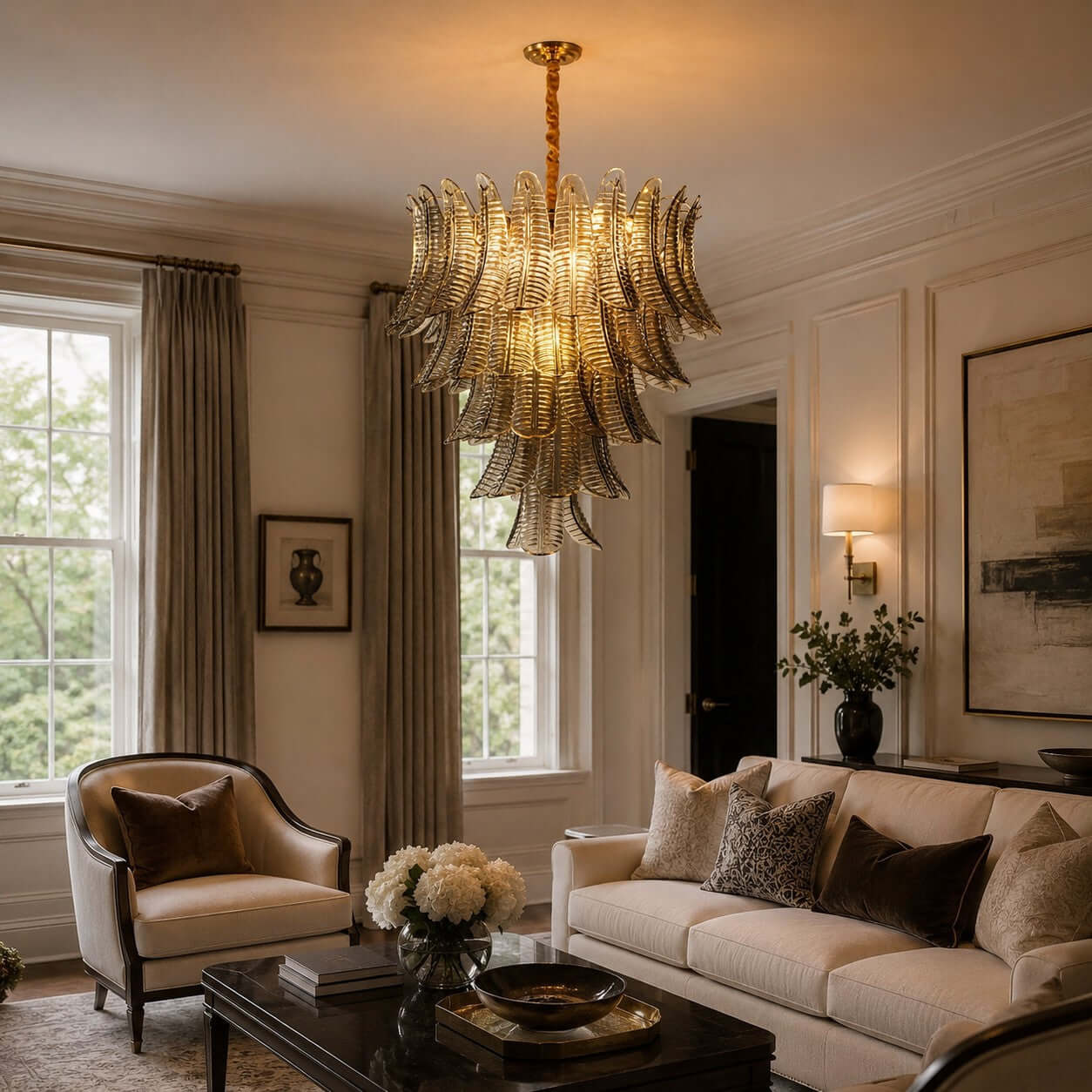 Antizer Murano Layered Smoke Gray Glass Leaf Chandelier