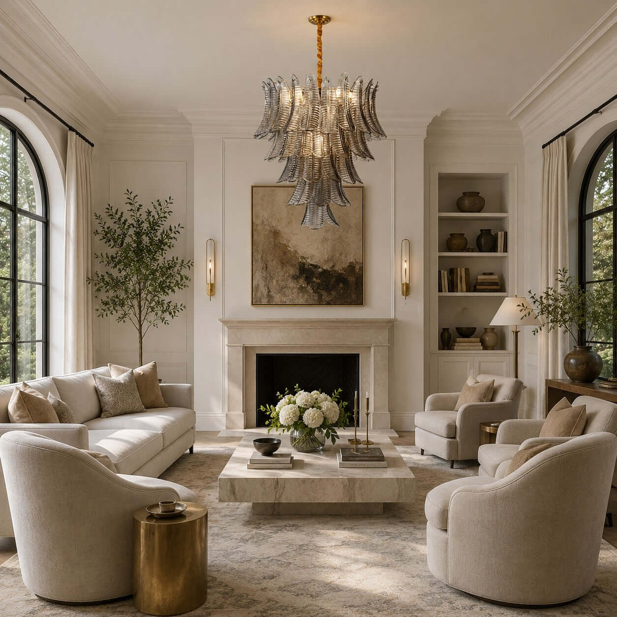 Antizer Murano Layered Smoke Gray Glass Leaf Chandelier