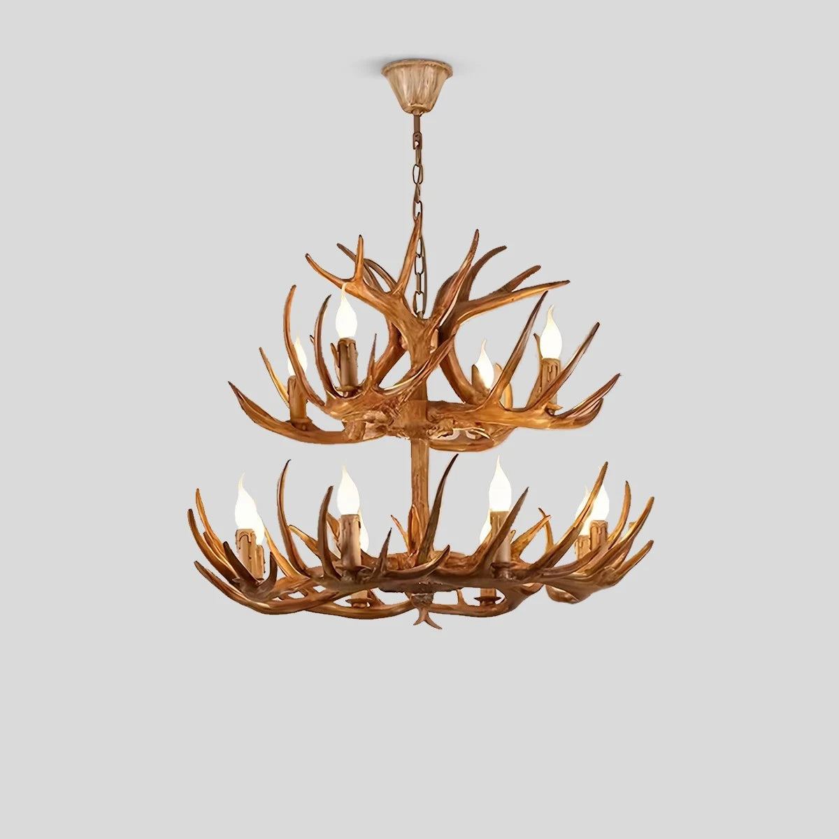 Antizer Antler Shape Resin Chandelier for Living Room Wood Color 12 Heads Warm Light