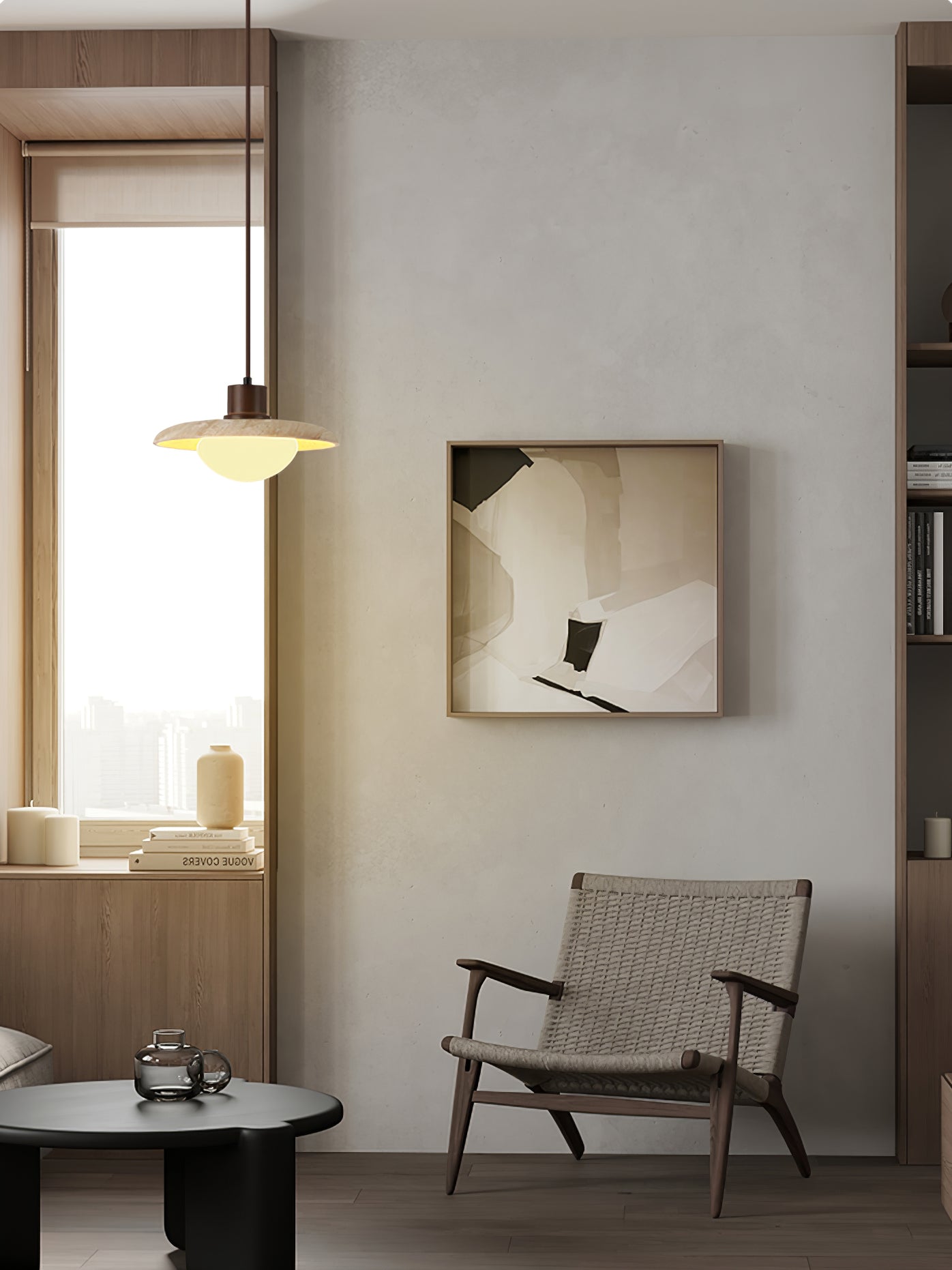 Yellow Travertine Pendant Lamp with Walnut Wood Accents for Modern Interiors