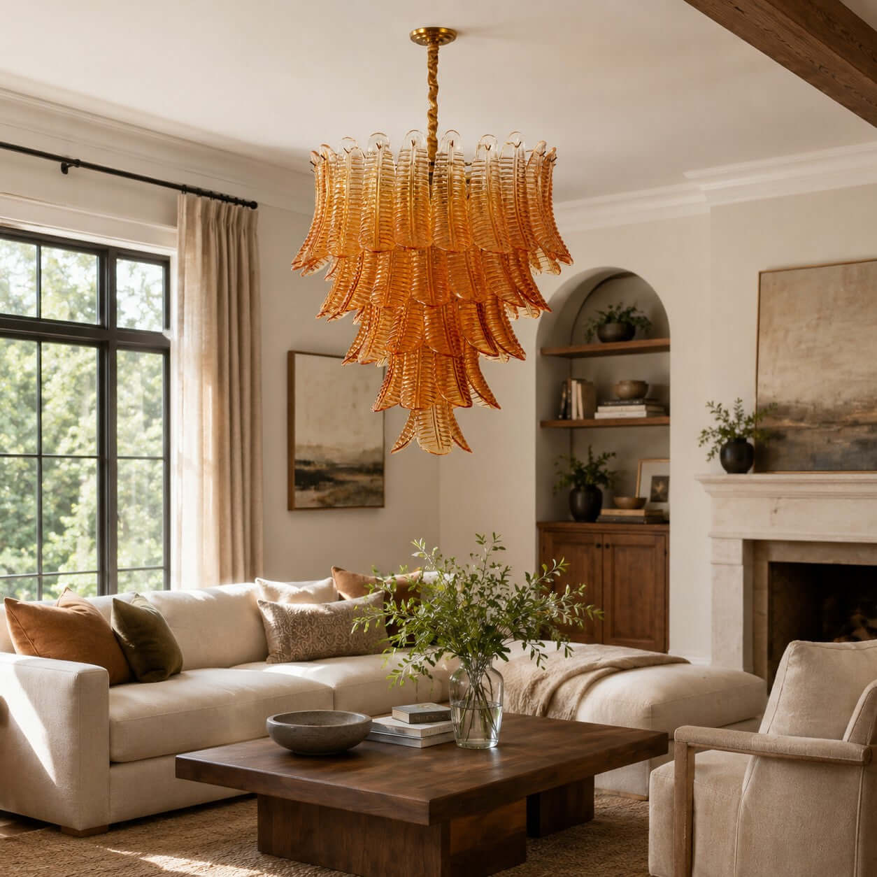 Antizer Murano Layered Amber Glass Leaf Chandelier