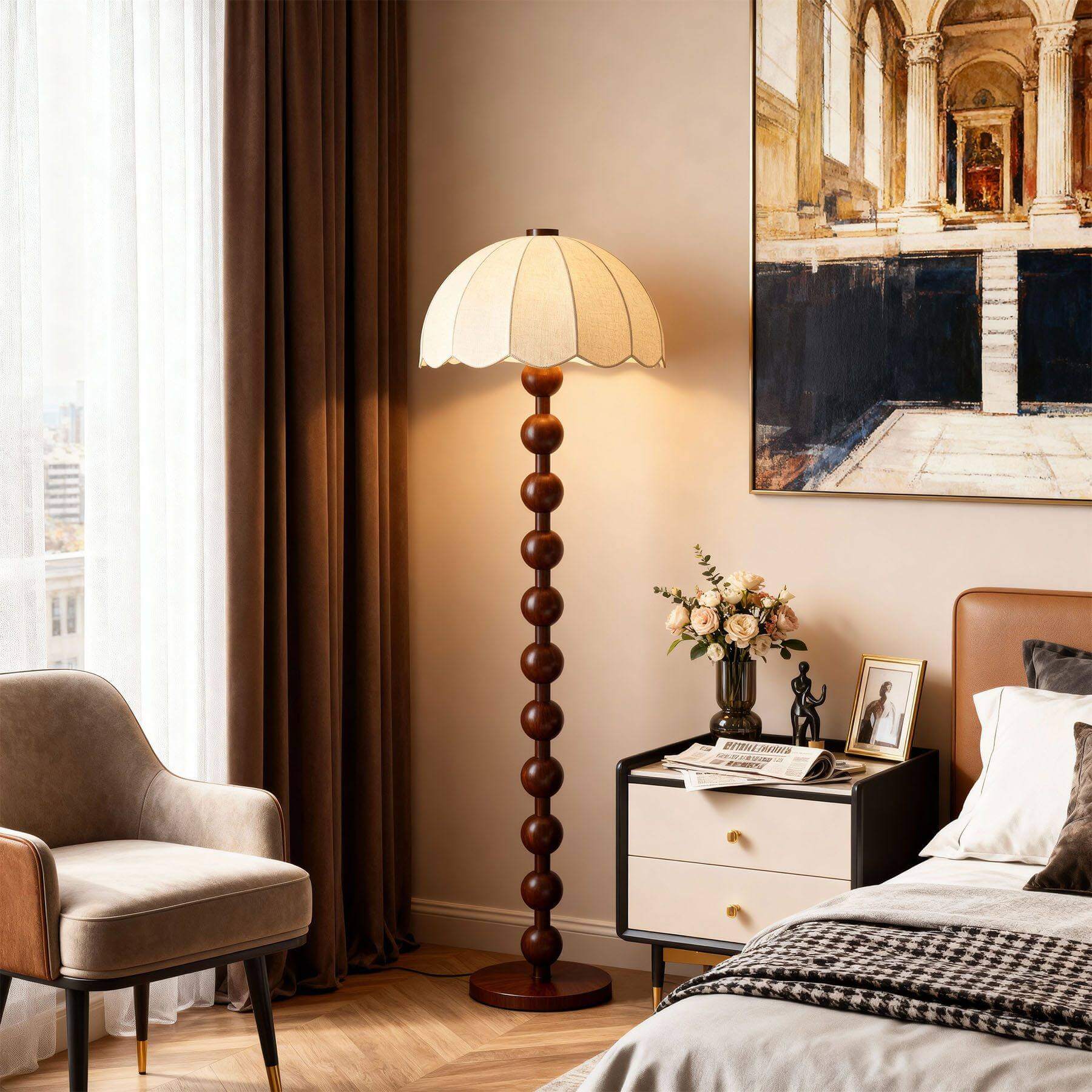 Antizer Scalloped Shade Beaded Column Floor Lamp