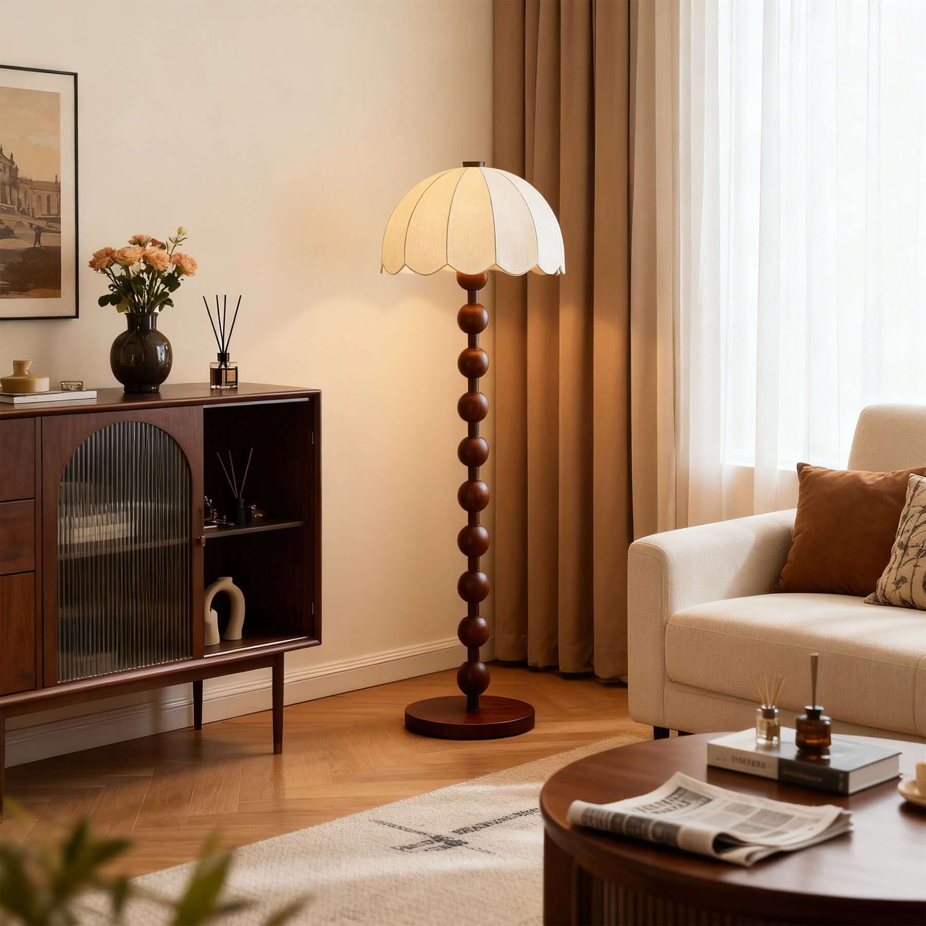 Antizer Scalloped Shade Beaded Column Floor Lamp