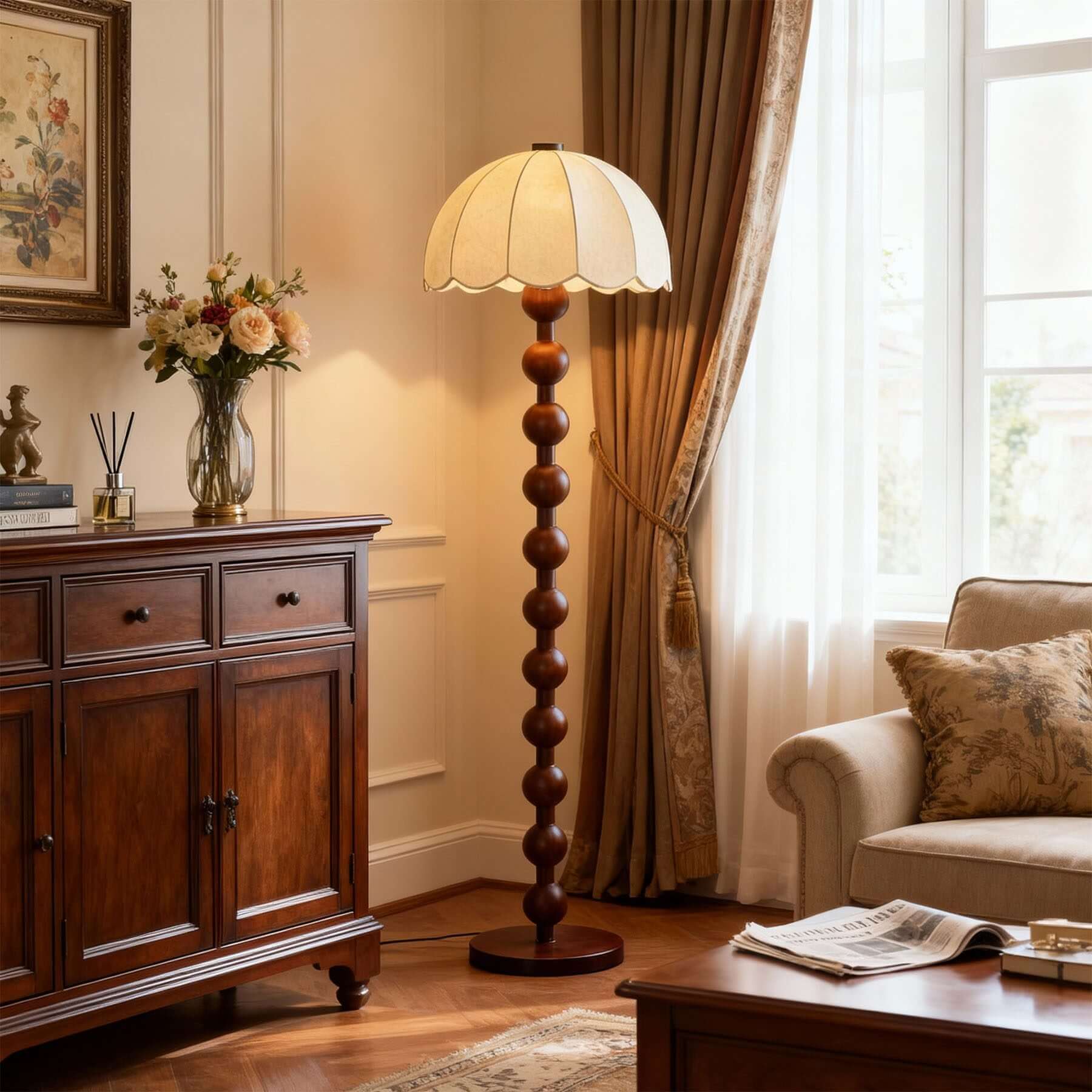 Antizer Scalloped Shade Beaded Column Floor Lamp